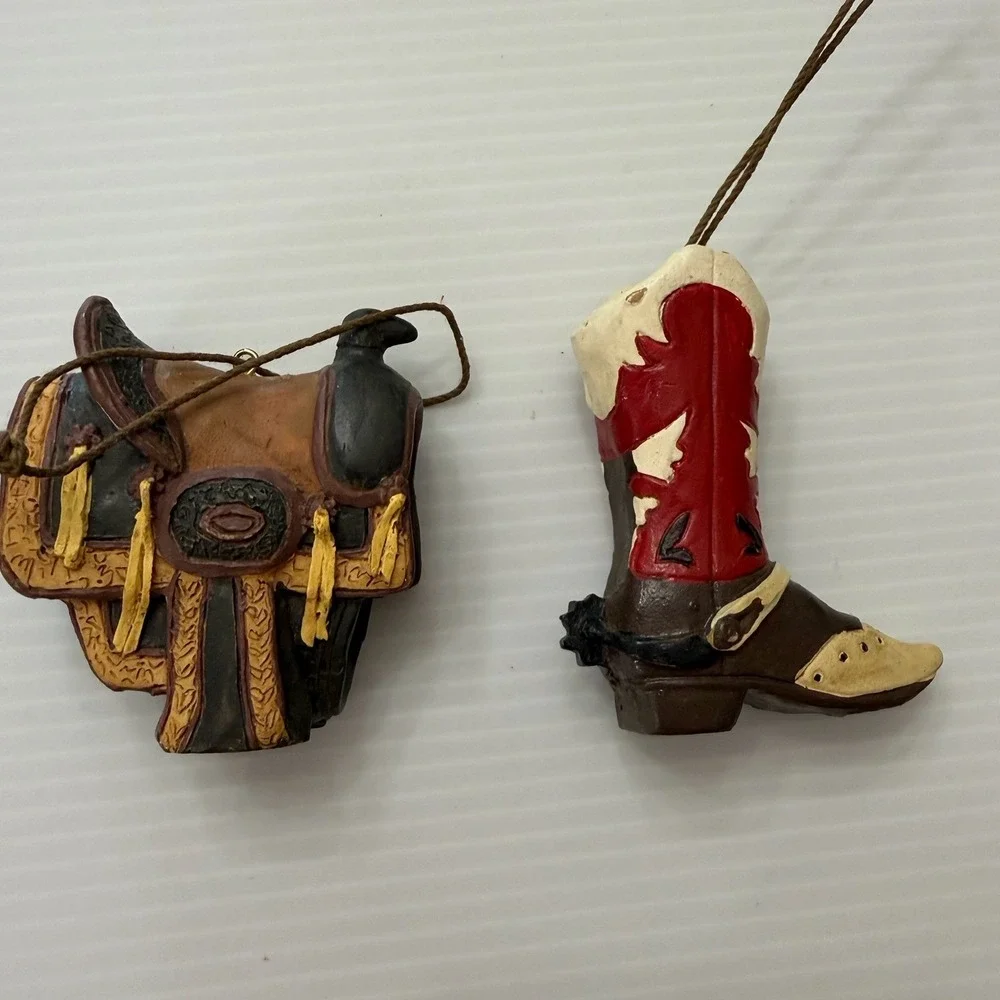 Vintage Western Cowboy Boot & Saddle Christmas Tree Ornament Set Of 2 Rustic